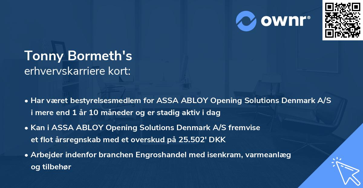 Tonny Bormeth's erhvervskarriere kort