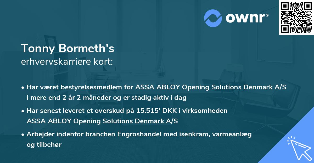 Tonny Bormeth's erhvervskarriere kort