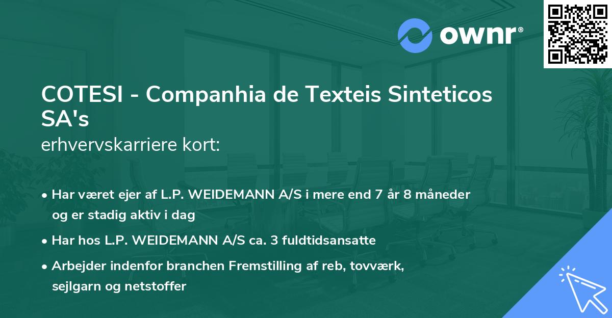 COTESI - Companhia de Texteis Sinteticos SA's erhvervskarriere kort