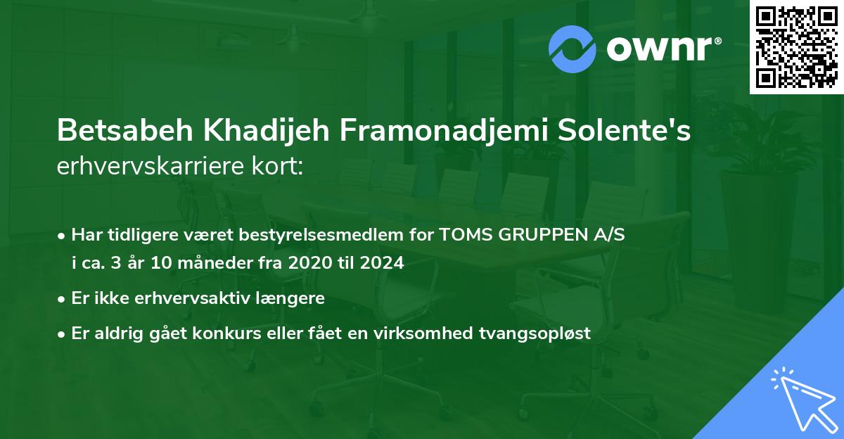 Betsabeh Khadijeh Framonadjemi Solente's erhvervskarriere kort