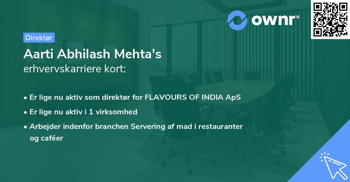 Aarti Abhilash Mehta's erhvervskarriere kort