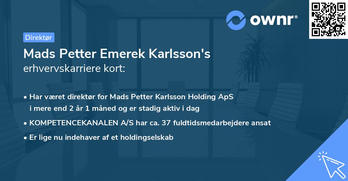 Mads Petter Emerek Karlsson's erhvervskarriere kort