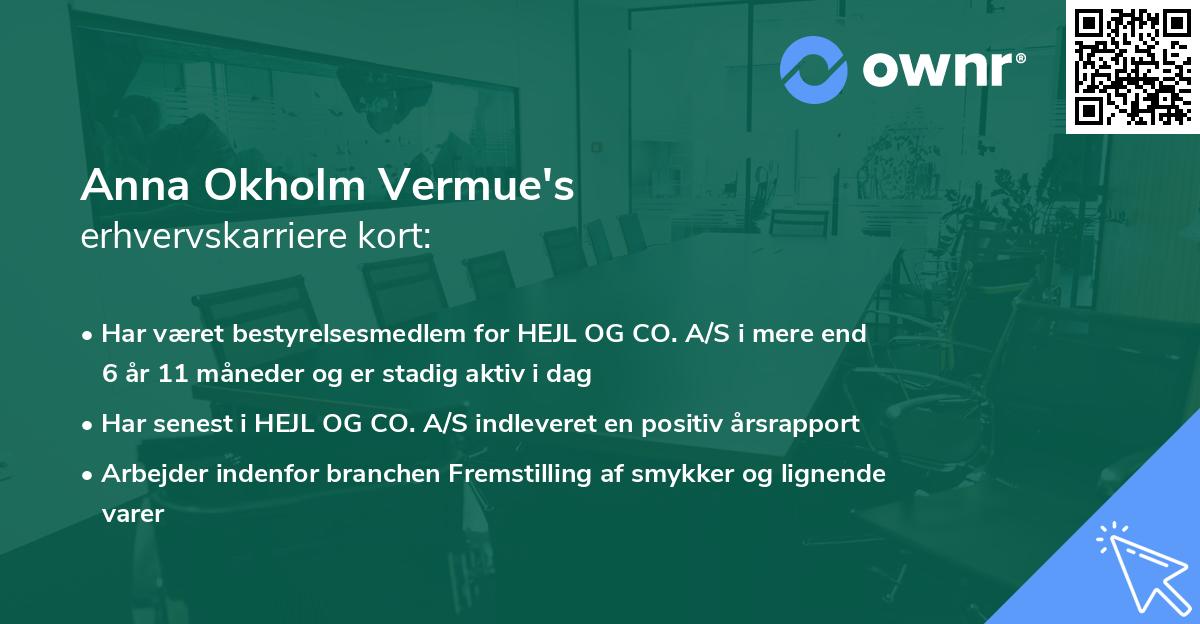 Anna Okholm Vermue's erhvervskarriere kort