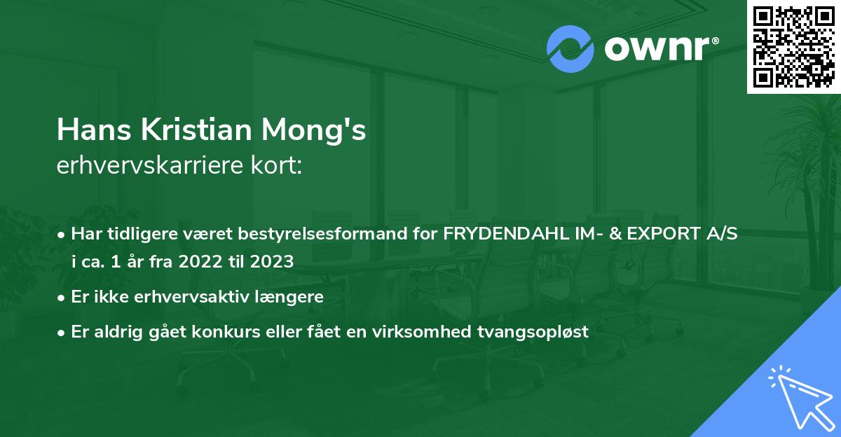 Hans Kristian Mong's erhvervskarriere kort