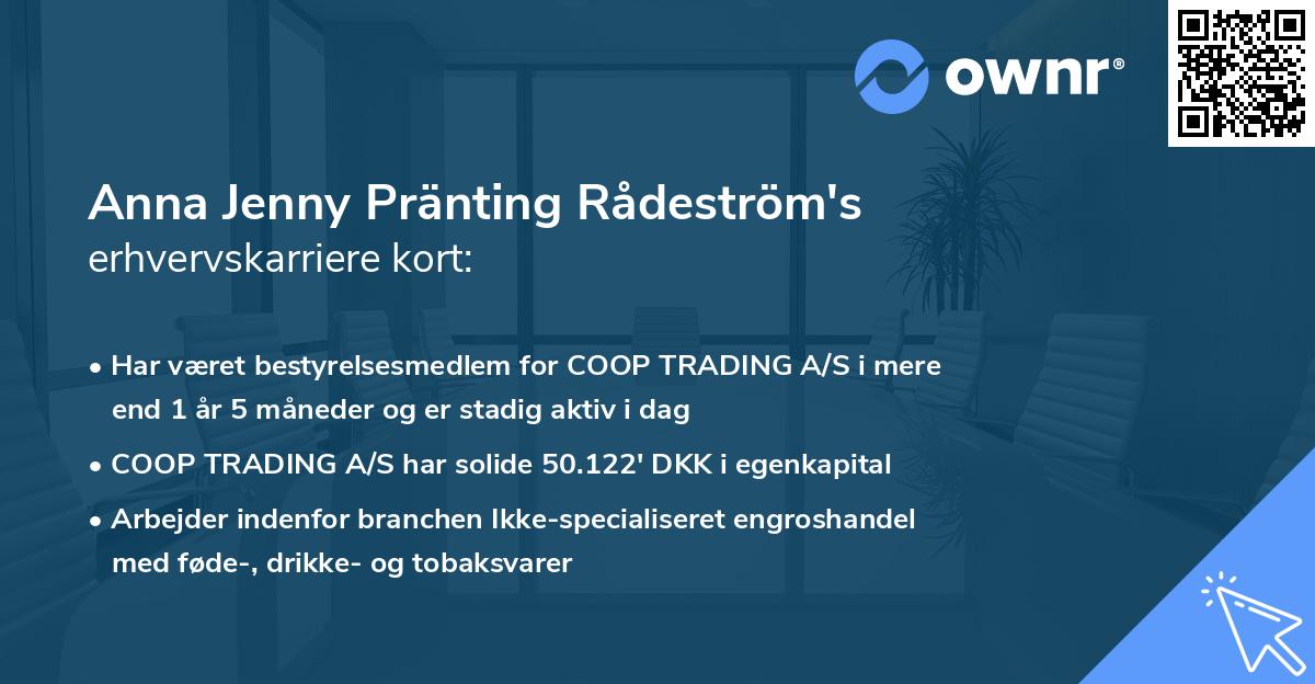 Anna Jenny Pränting Rådeström's erhvervskarriere kort
