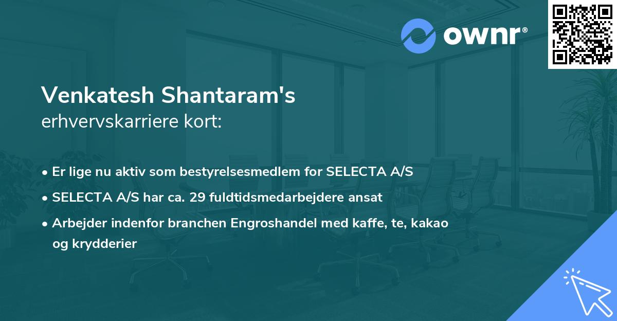 Venkatesh Shantaram's erhvervskarriere kort