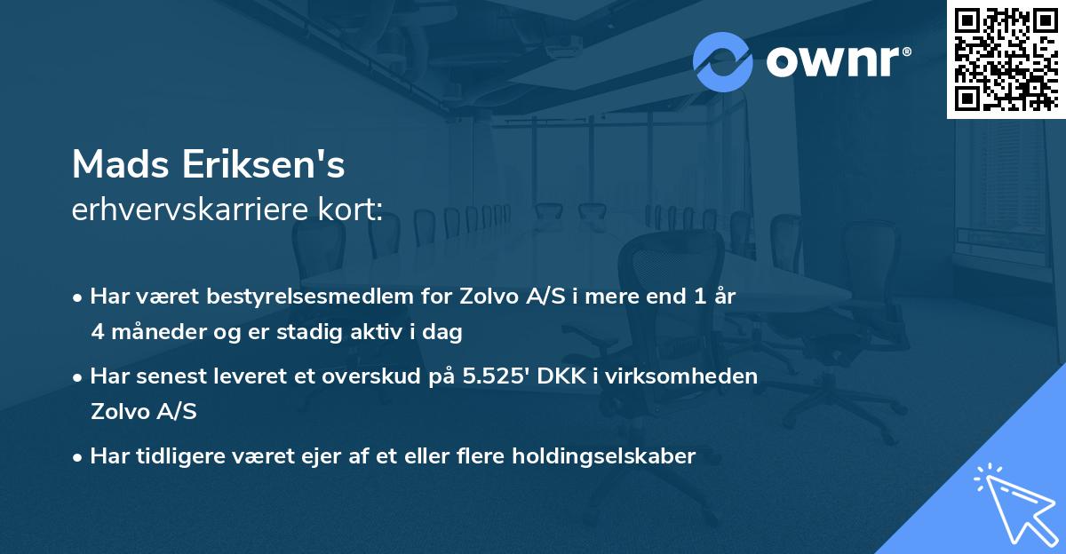 Mads Eriksen's erhvervskarriere kort