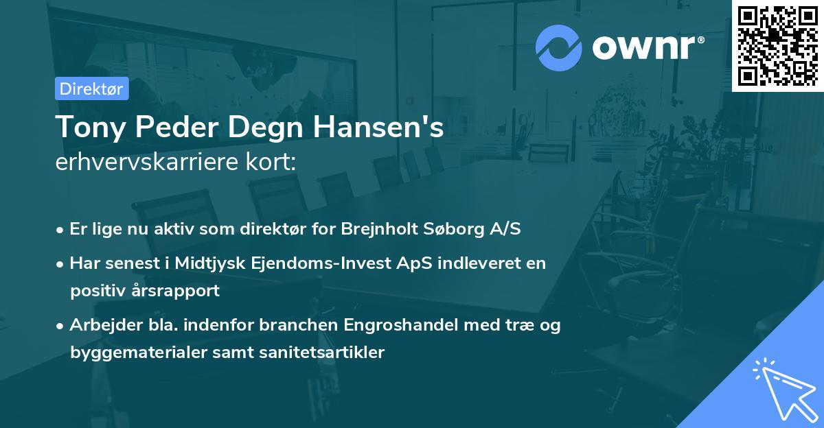 Tony Peder Degn Hansen's erhvervskarriere kort
