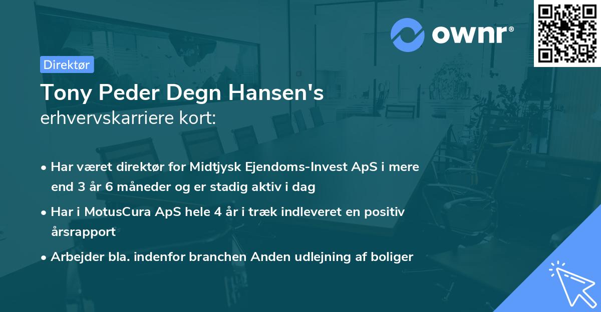 Tony Peder Degn Hansen's erhvervskarriere kort