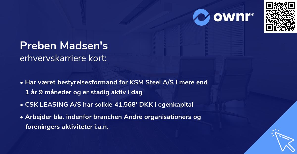 Preben Madsen's erhvervskarriere kort