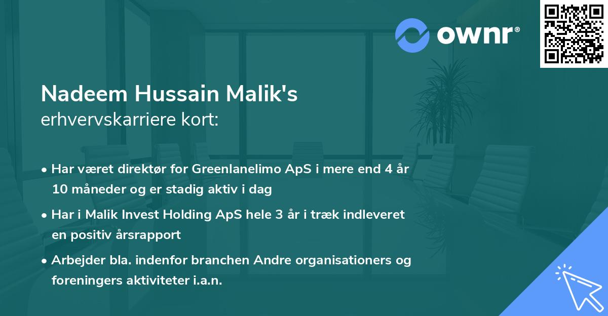 Nadeem Hussain Malik's erhvervskarriere kort