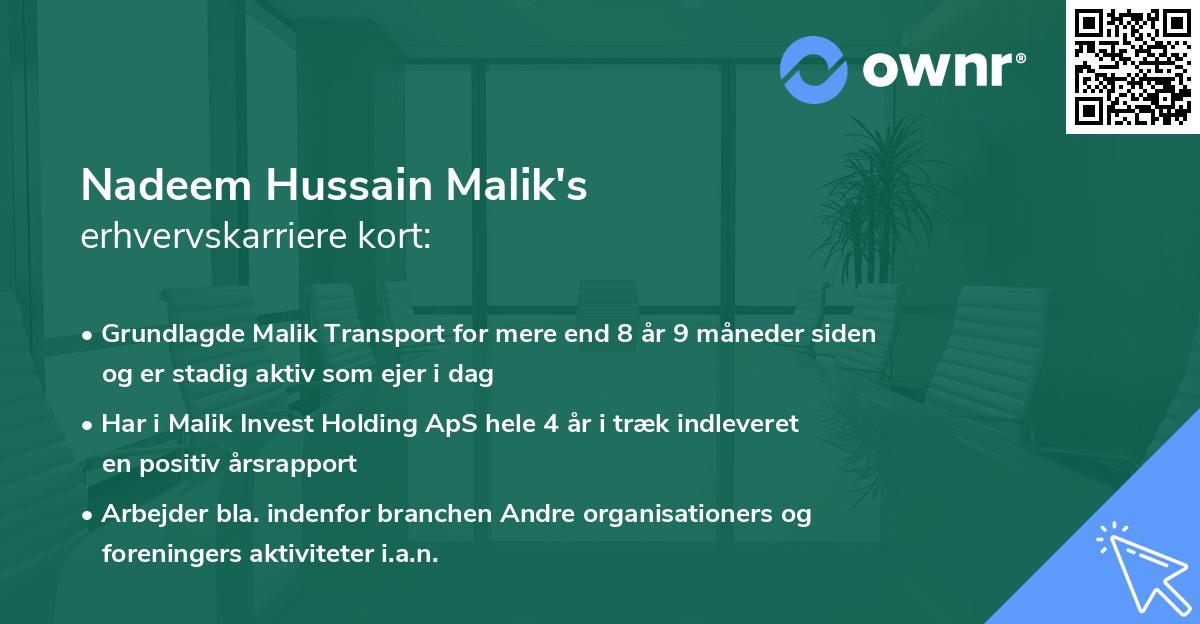 Nadeem Hussain Malik's erhvervskarriere kort