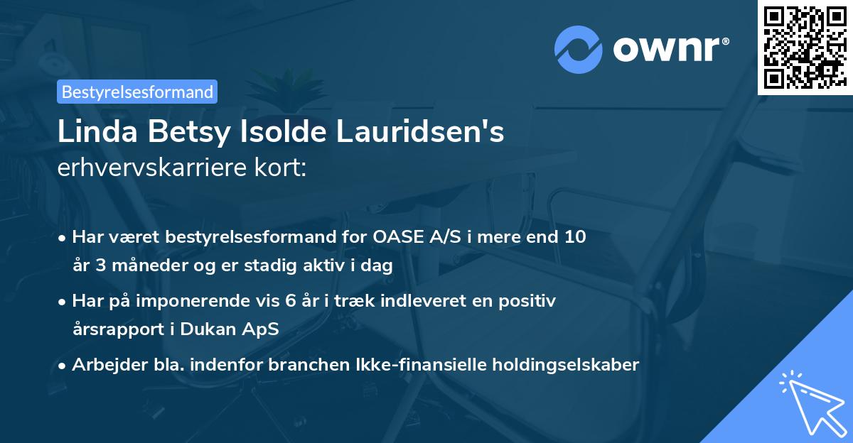 Linda Betsy Isolde Lauridsen's erhvervskarriere kort