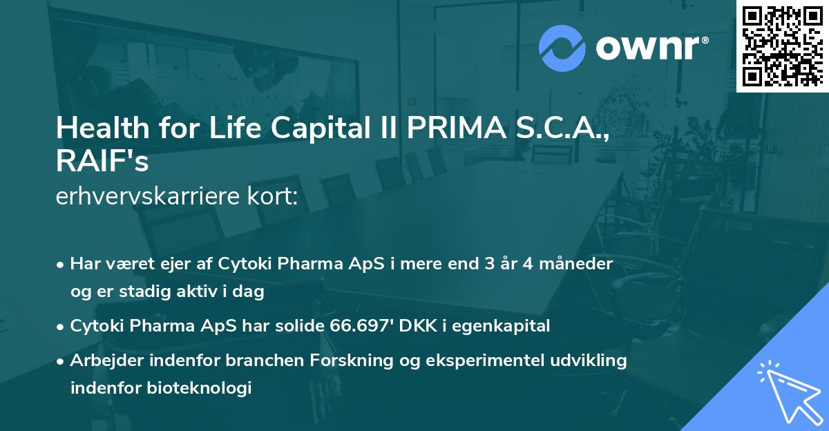 Health for Life Capital II PRIMA S.C.A., RAIF's erhvervskarriere kort