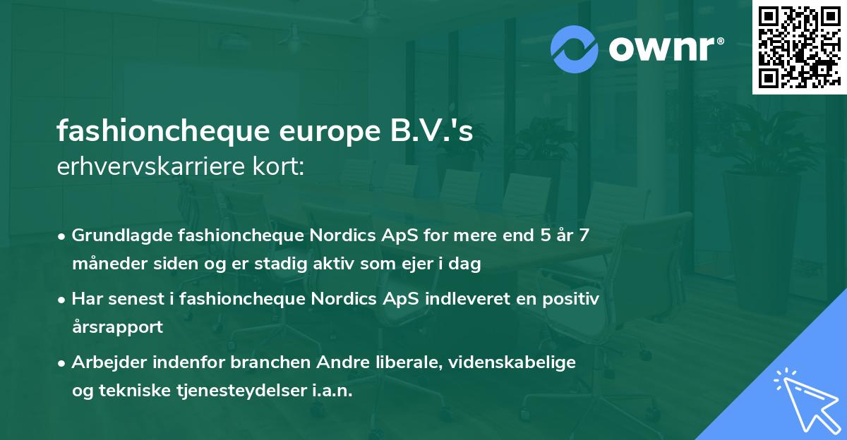 fashioncheque europe B.V.'s erhvervskarriere kort