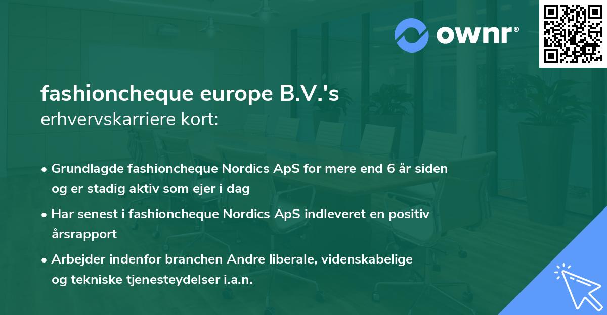 fashioncheque europe B.V.'s erhvervskarriere kort