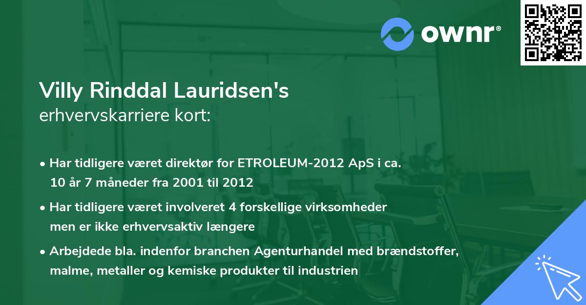 Villy Rinddal Lauridsen's erhvervskarriere kort