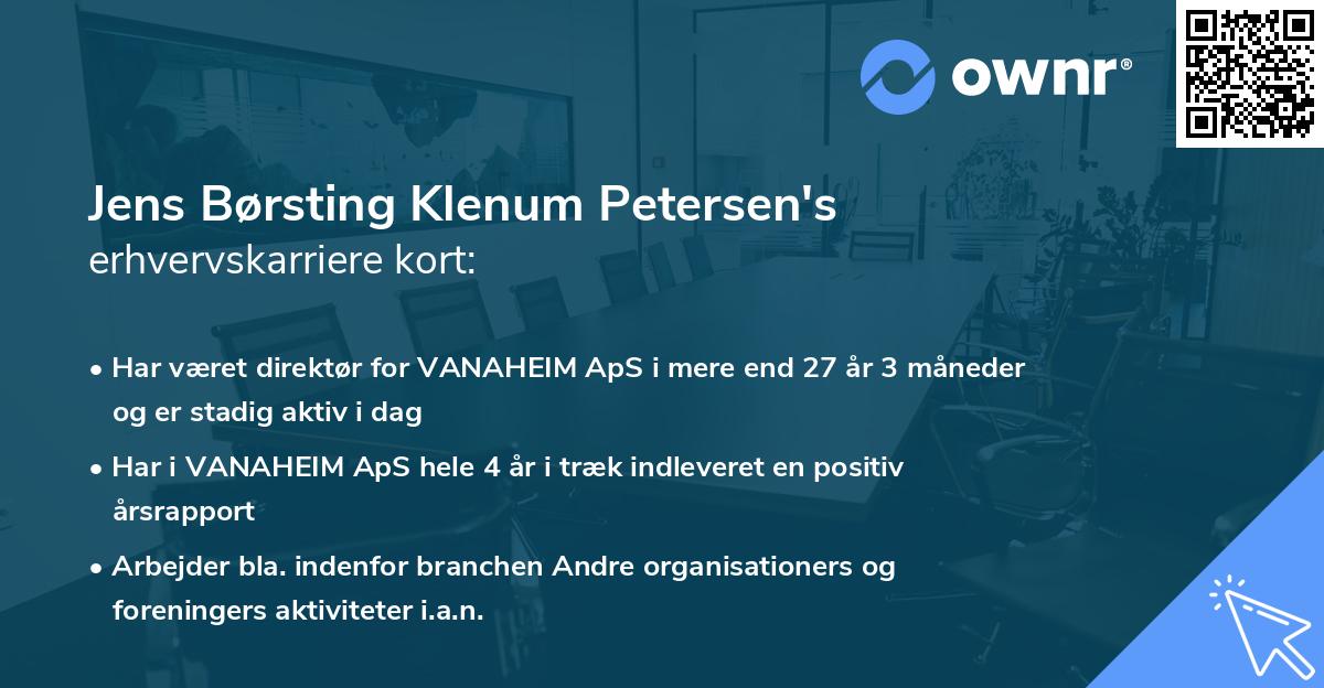 Jens Børsting Klenum Petersen's erhvervskarriere kort