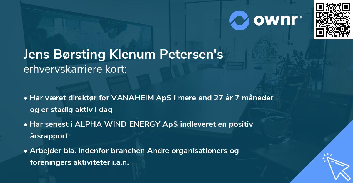 Jens Børsting Klenum Petersen's erhvervskarriere kort