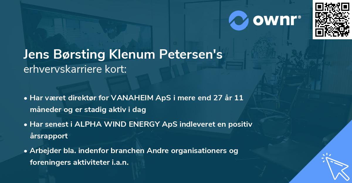 Jens Børsting Klenum Petersen's erhvervskarriere kort