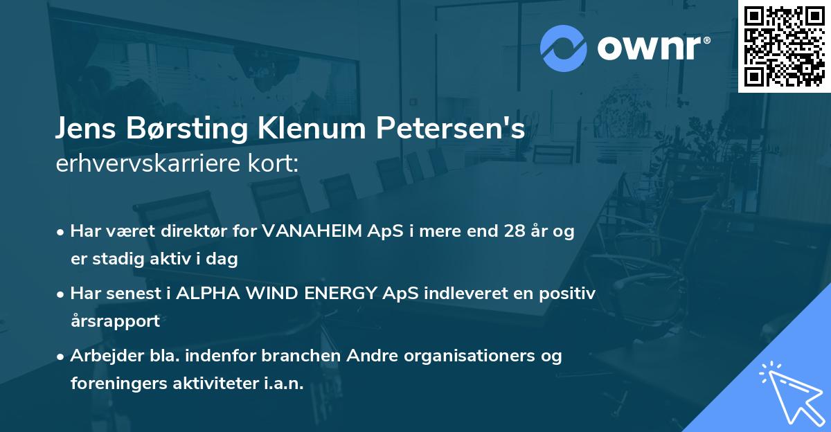 Jens Børsting Klenum Petersen's erhvervskarriere kort