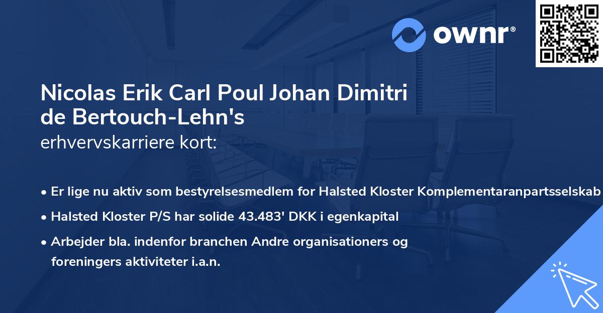 Nicolas Erik Carl Poul Johan Dimitri de Bertouch-Lehn's erhvervskarriere kort