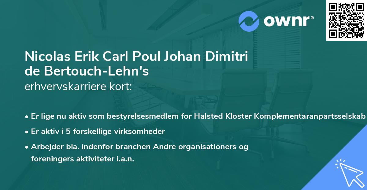 Nicolas Erik Carl Poul Johan Dimitri de Bertouch-Lehn's erhvervskarriere kort