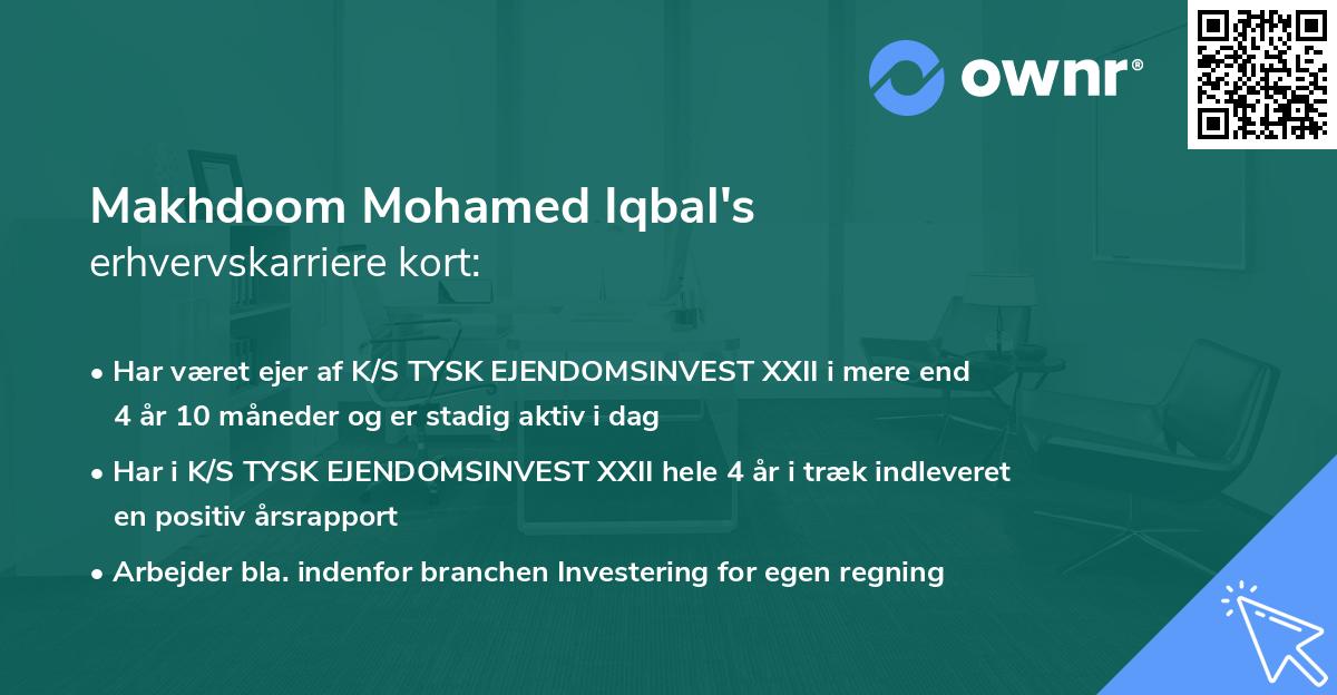 Makhdoom Mohamed Iqbal's erhvervskarriere kort