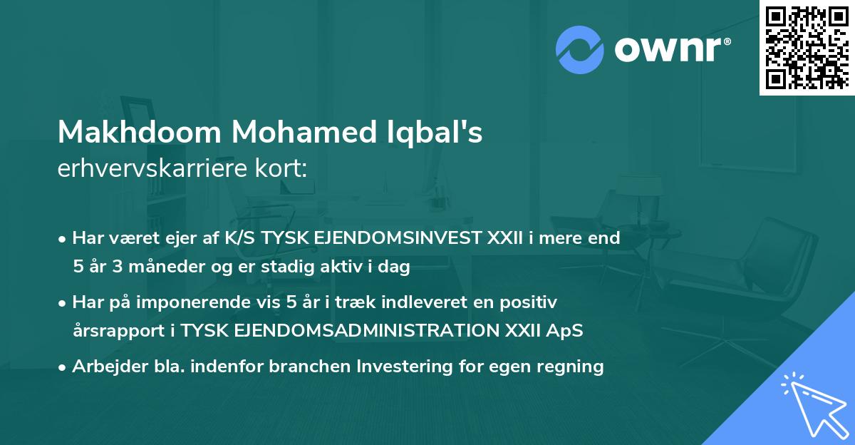 Makhdoom Mohamed Iqbal's erhvervskarriere kort