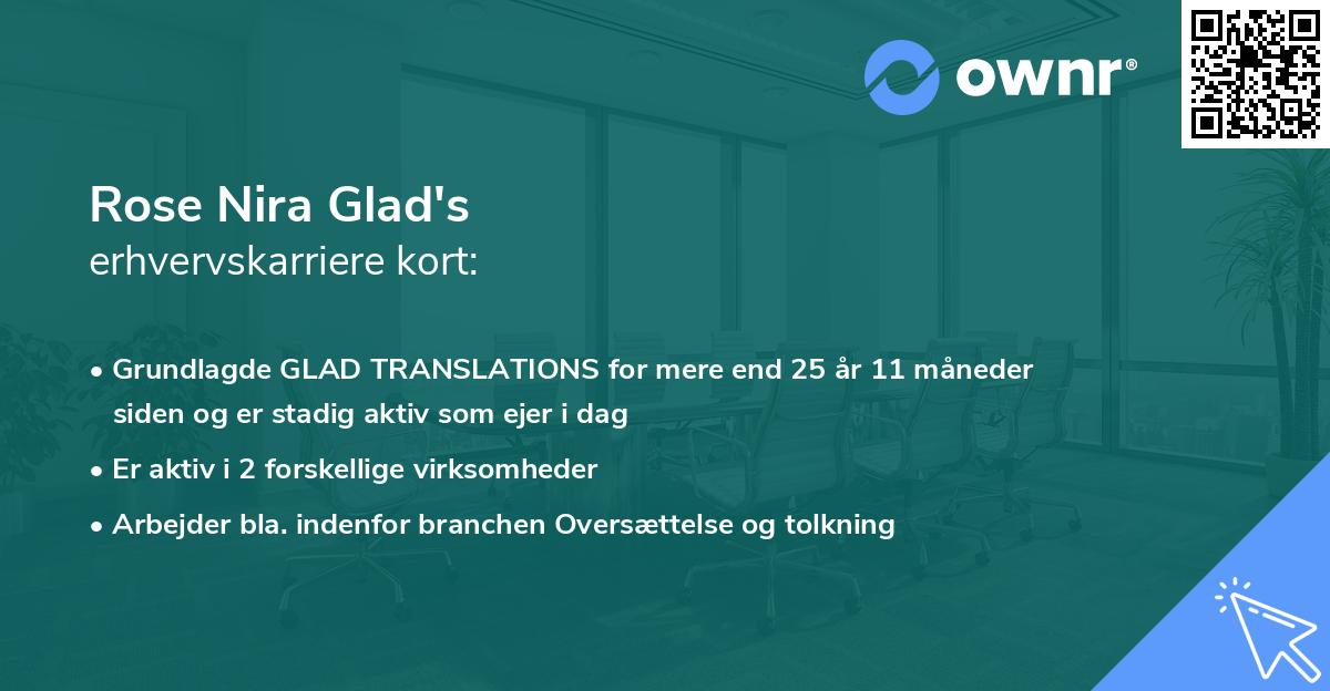 Rose Nira Glad's erhvervskarriere kort