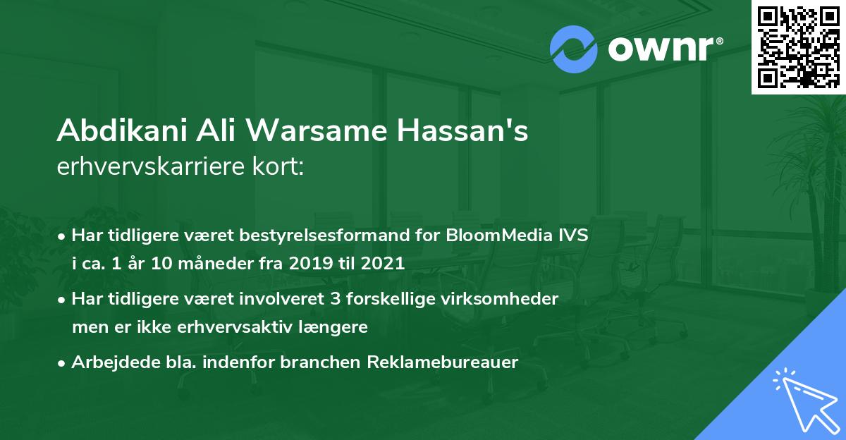 Abdikani Ali Warsame Hassan's erhvervskarriere kort