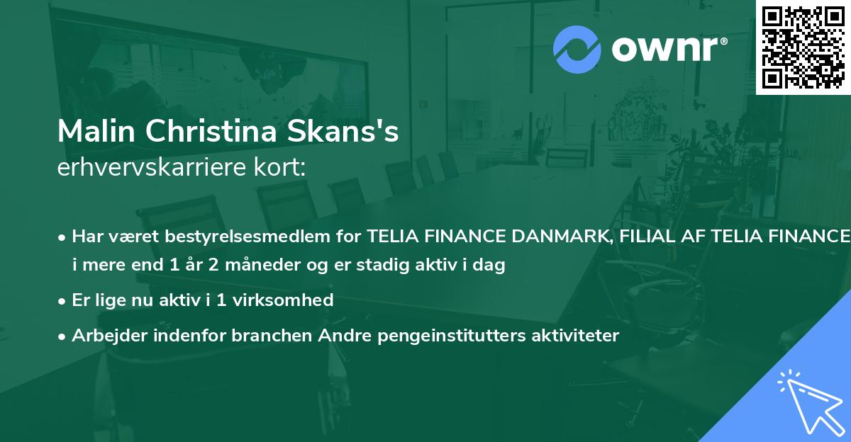 Malin Christina Skans's erhvervskarriere kort
