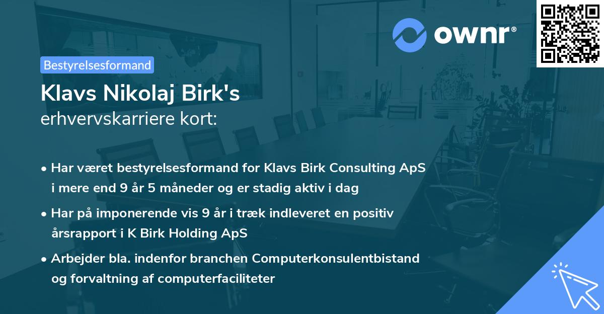 Klavs Nikolaj Birk's erhvervskarriere kort