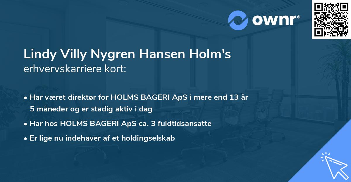 Lindy Villy Nygren Hansen Holm's erhvervskarriere kort