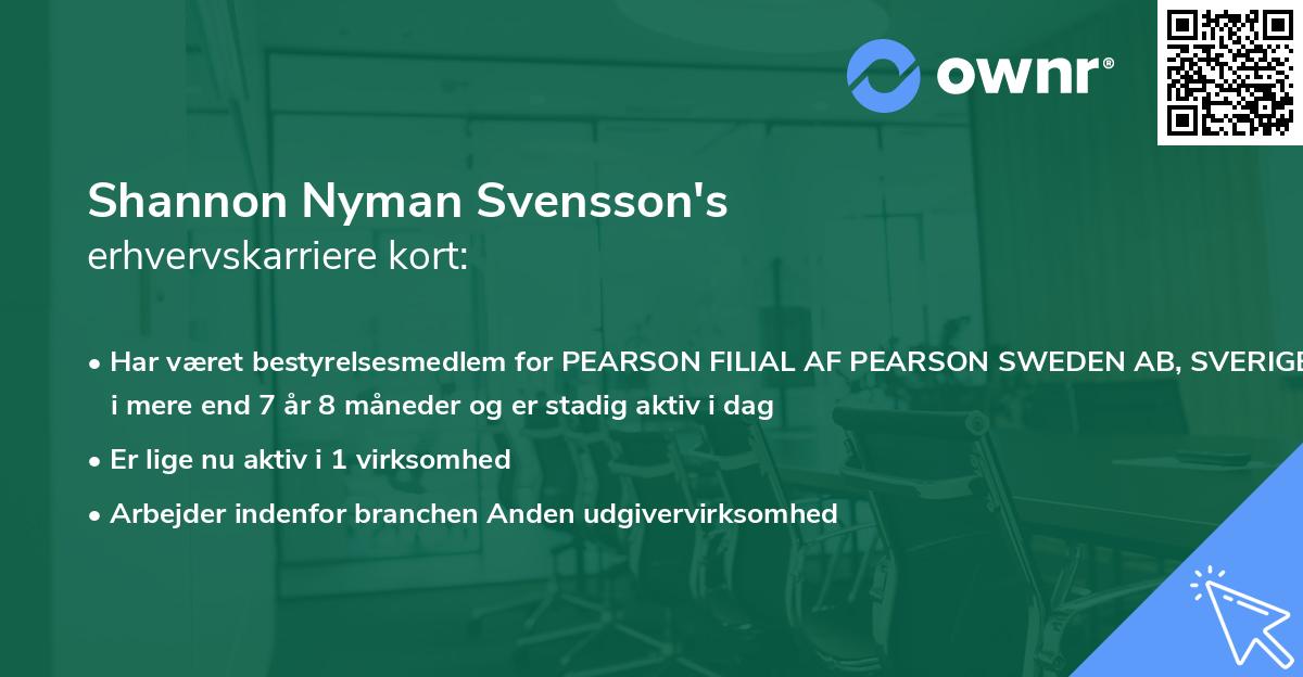 Shannon Nyman Svensson's erhvervskarriere kort