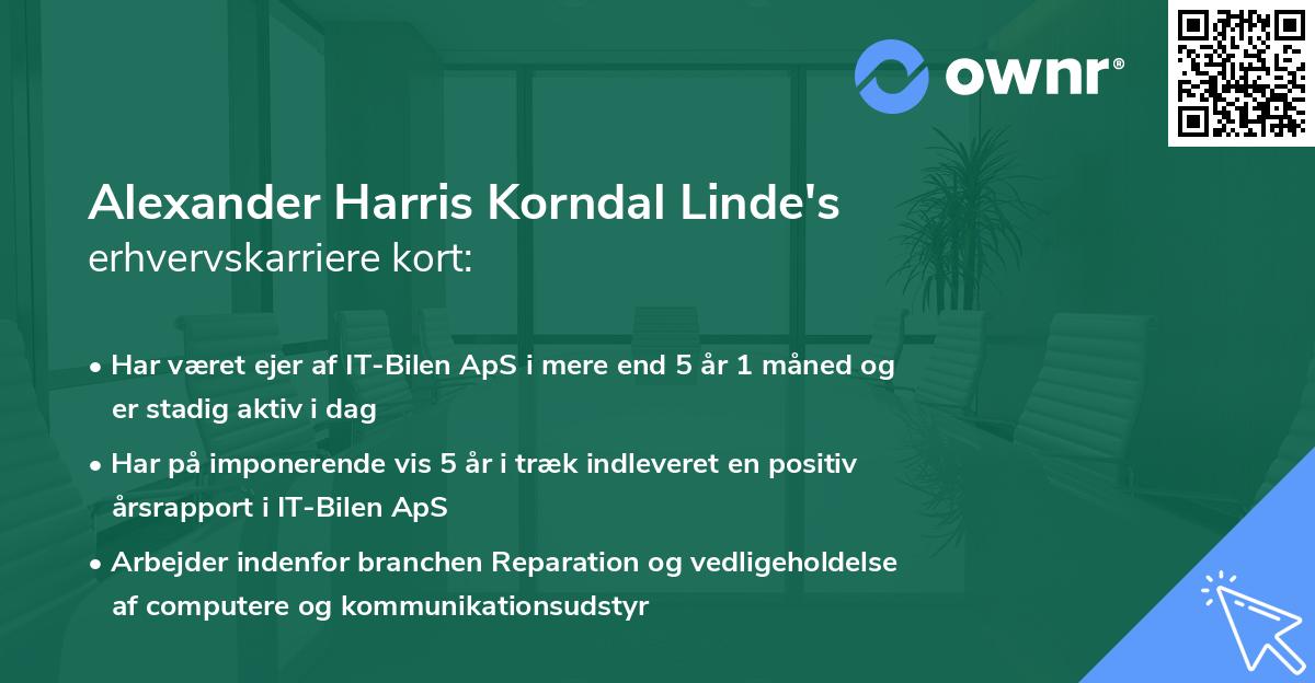Alexander Harris Korndal Linde's erhvervskarriere kort