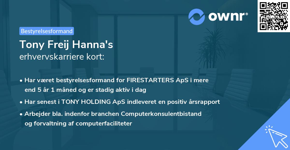 Tony Freij Hanna's erhvervskarriere kort
