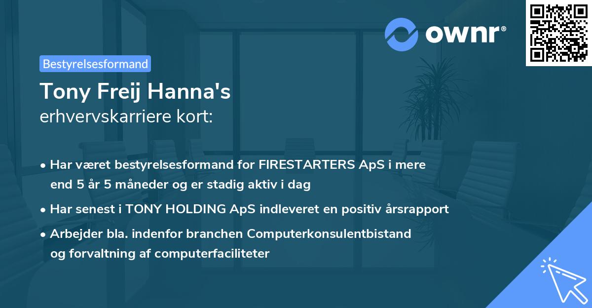Tony Freij Hanna's erhvervskarriere kort