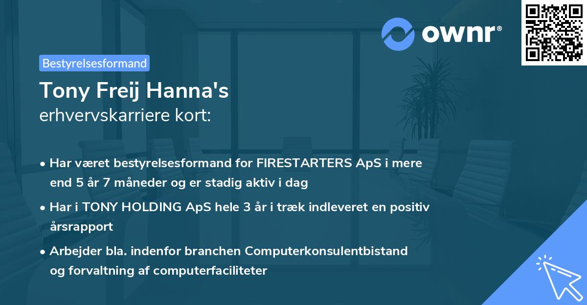 Tony Freij Hanna's erhvervskarriere kort