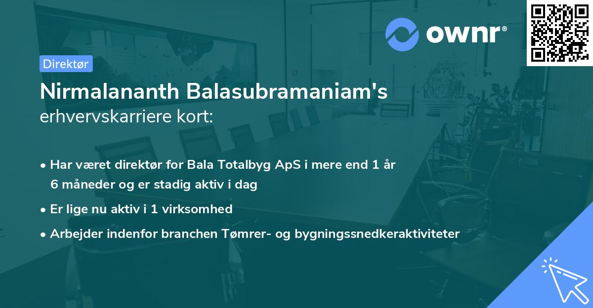 Nirmalananth Balasubramaniam's erhvervskarriere kort