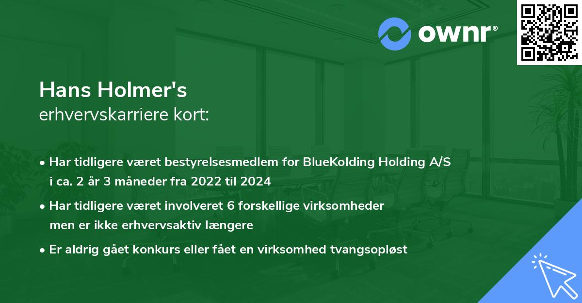 Hans Holmer's erhvervskarriere kort