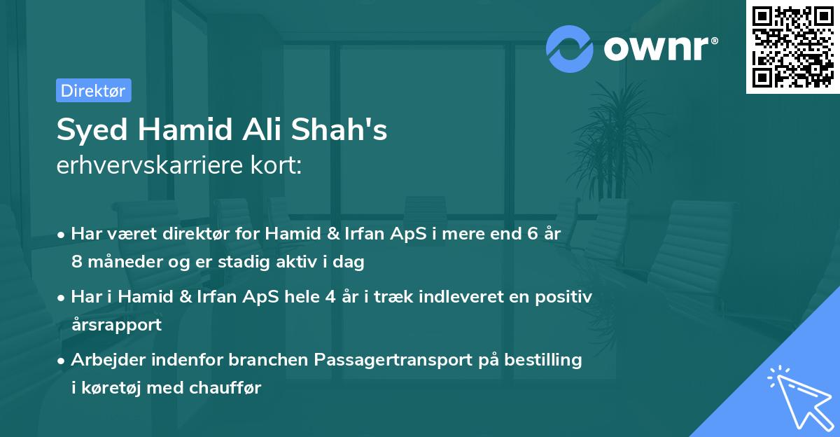 Syed Hamid Ali Shah's erhvervskarriere kort