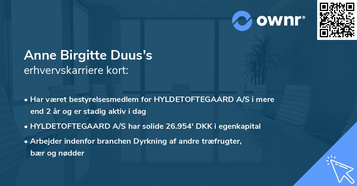 Anne Birgitte Duus's erhvervskarriere kort