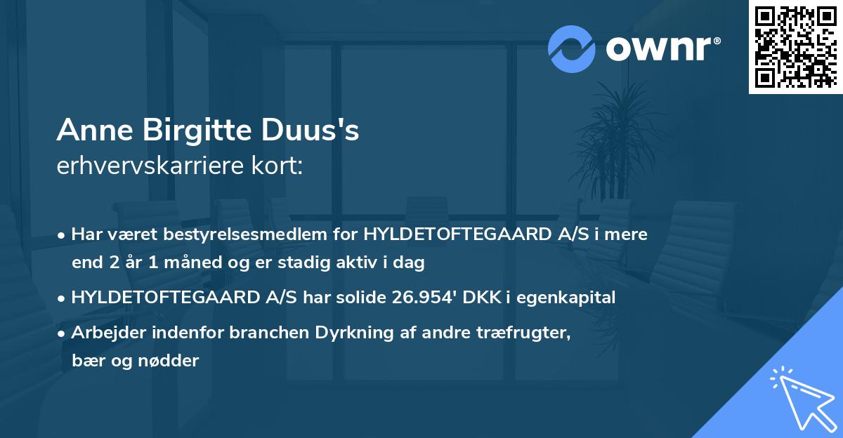 Anne Birgitte Duus's erhvervskarriere kort