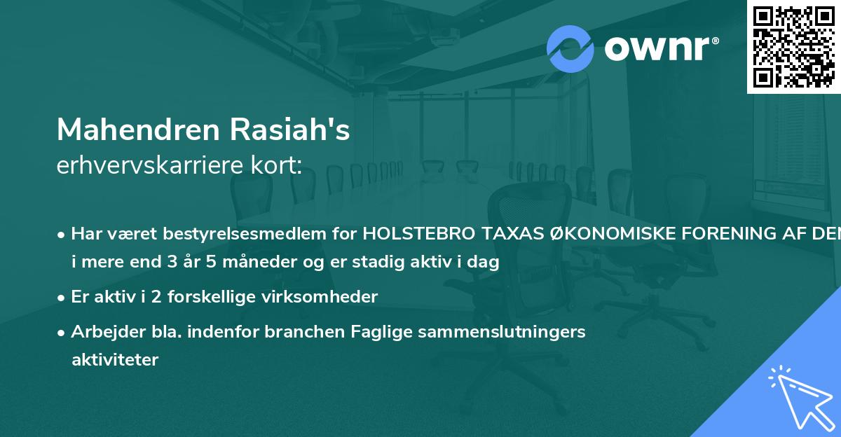 Mahendren Rasiah's erhvervskarriere kort