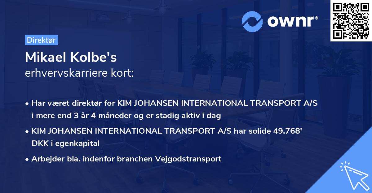 Mikael Kolbe's erhvervskarriere kort