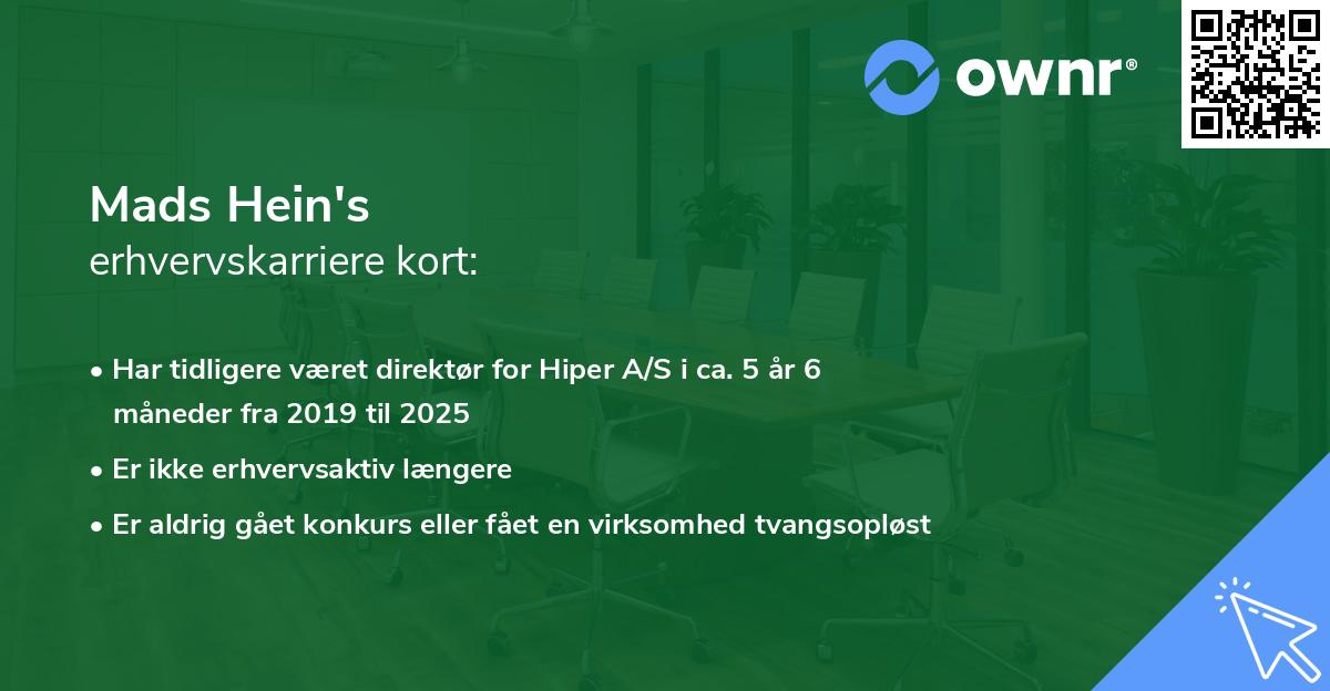 Mads Hein's erhvervskarriere kort