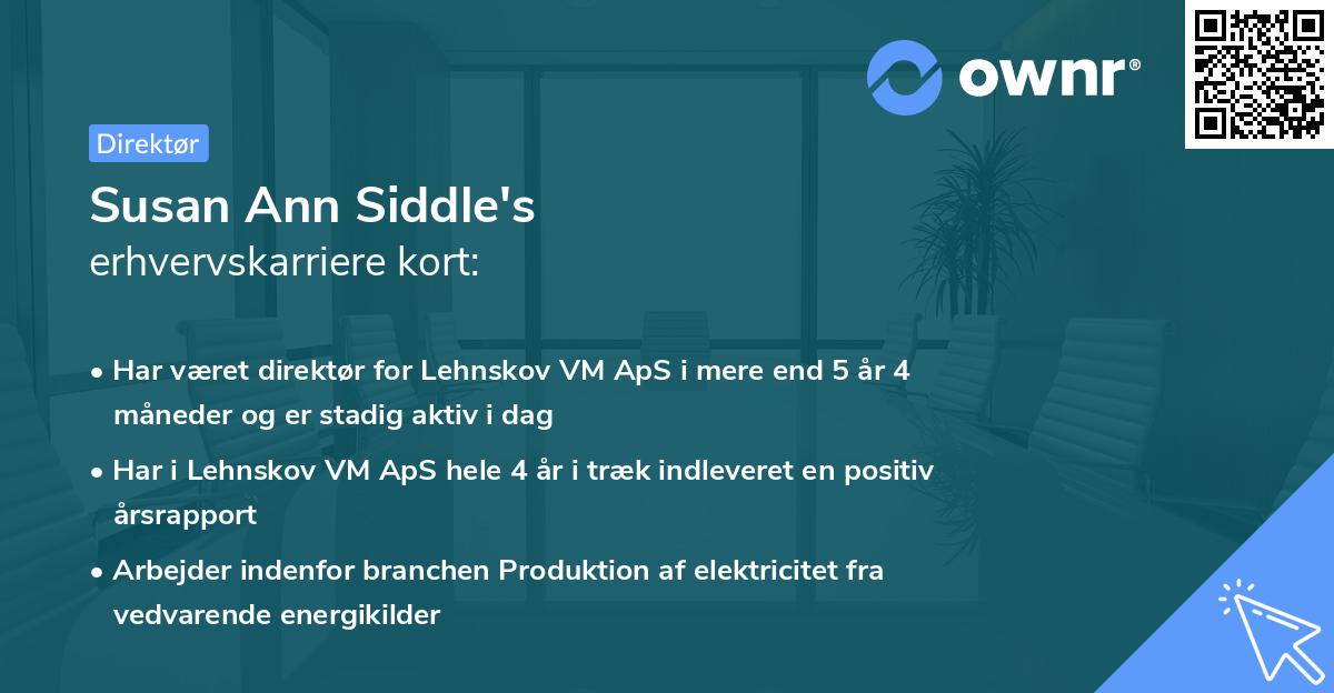 Susan Ann Siddle's erhvervskarriere kort