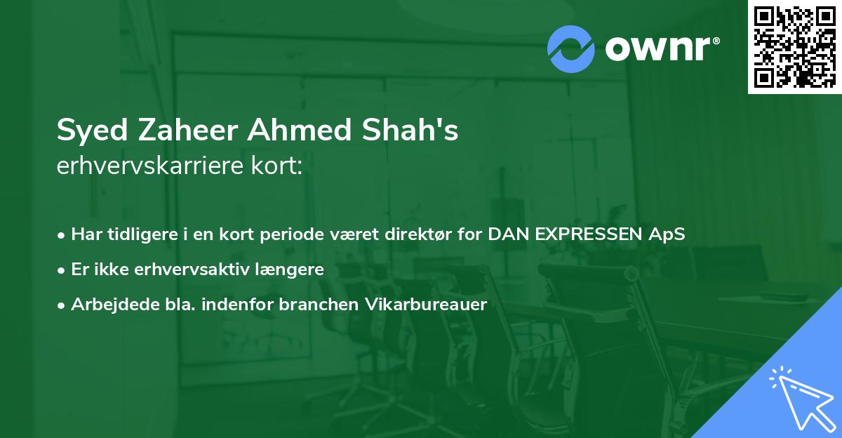 Syed Zaheer Ahmed Shah's erhvervskarriere kort