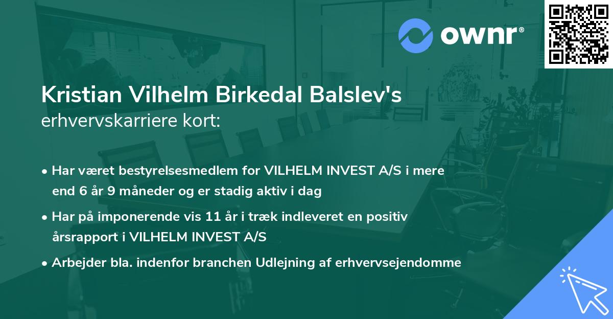 Kristian Vilhelm Birkedal Balslev's erhvervskarriere kort